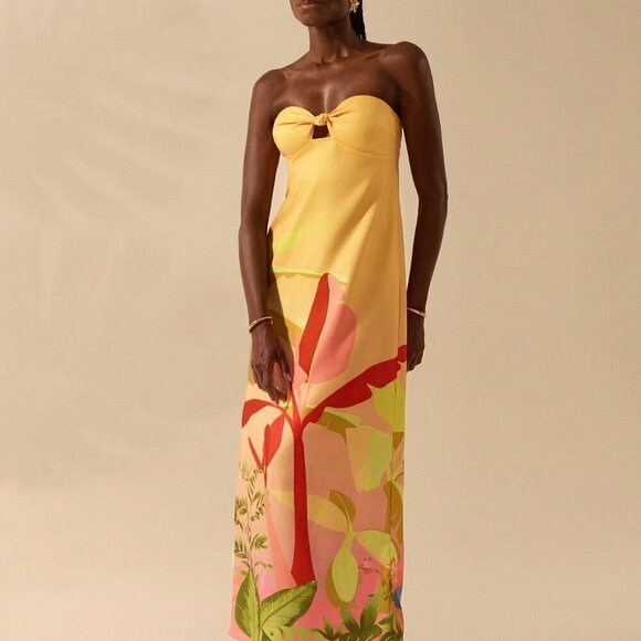 Multicolor Boho Womens Tropical Print Sleeveless Hollow Knot Tube Top Dress - Picture 4 of 7